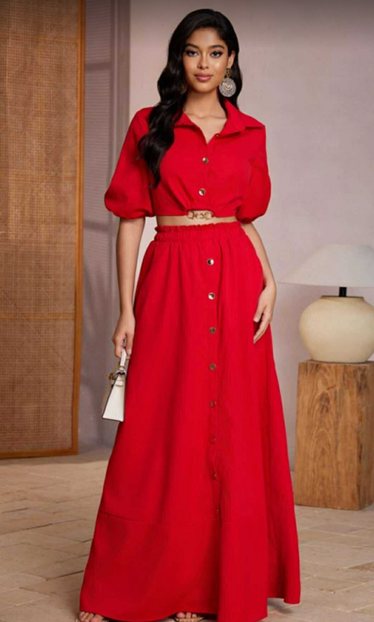 Red maxy skirt set w crop top